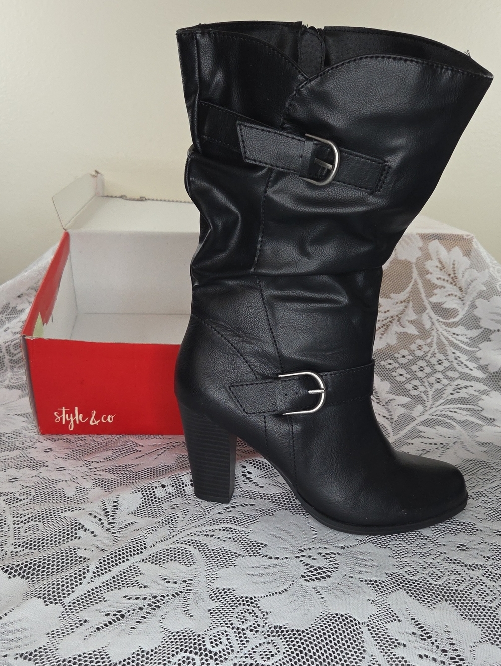 Style & Co. 9M Black Mid-Calf Buckle Heeled Boot Faux Leather